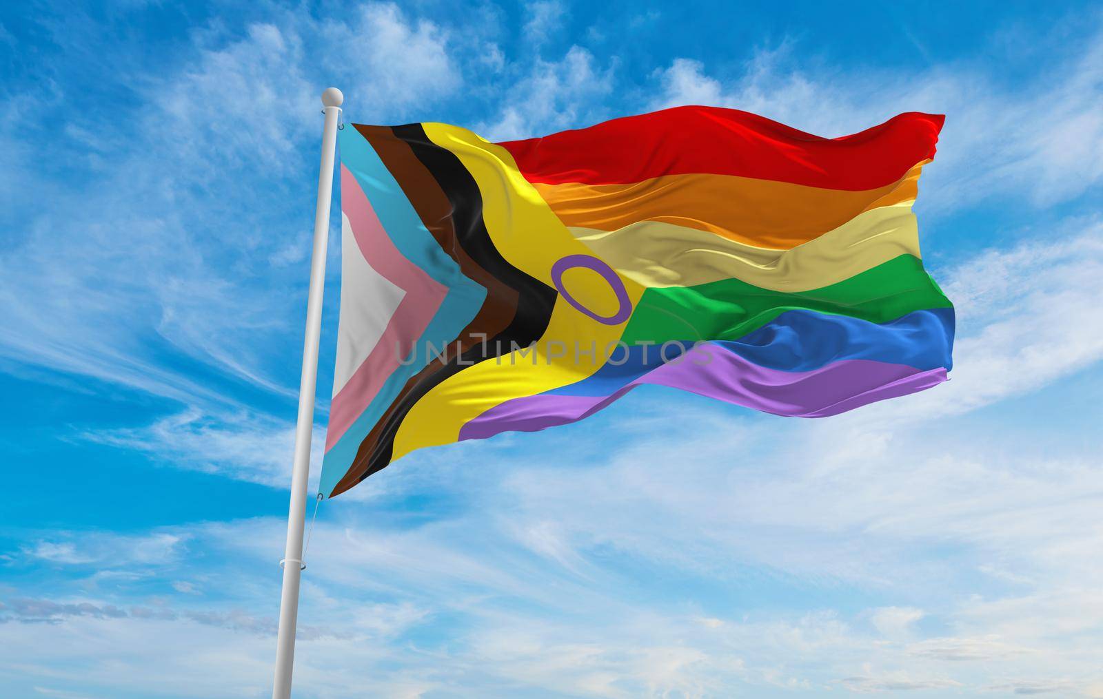 flag of Inter Progress Pride waving in the wind at cloudy sky. Freedom and love concept. Pride month. activism, community and freedom Concept. Copy space. 3d illustration