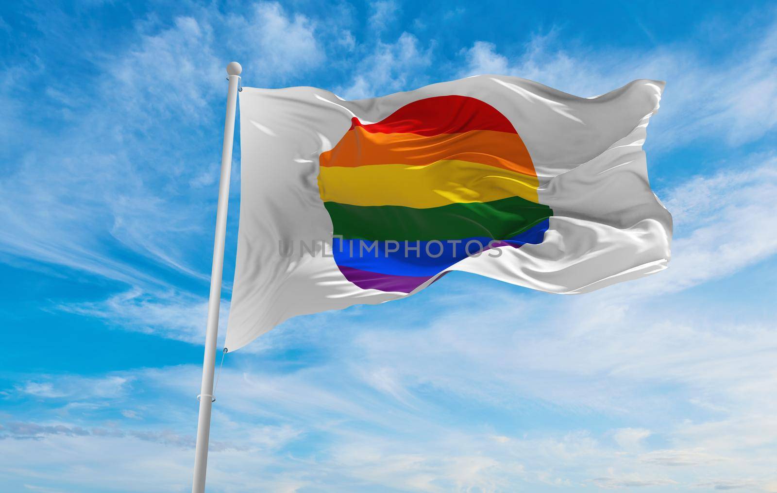 flag of LGBT Pride, Japan waving in the wind at cloudy sky. Freedom and love concept. Pride month. activism, community and freedom Concept. Copy space. 3d illustration