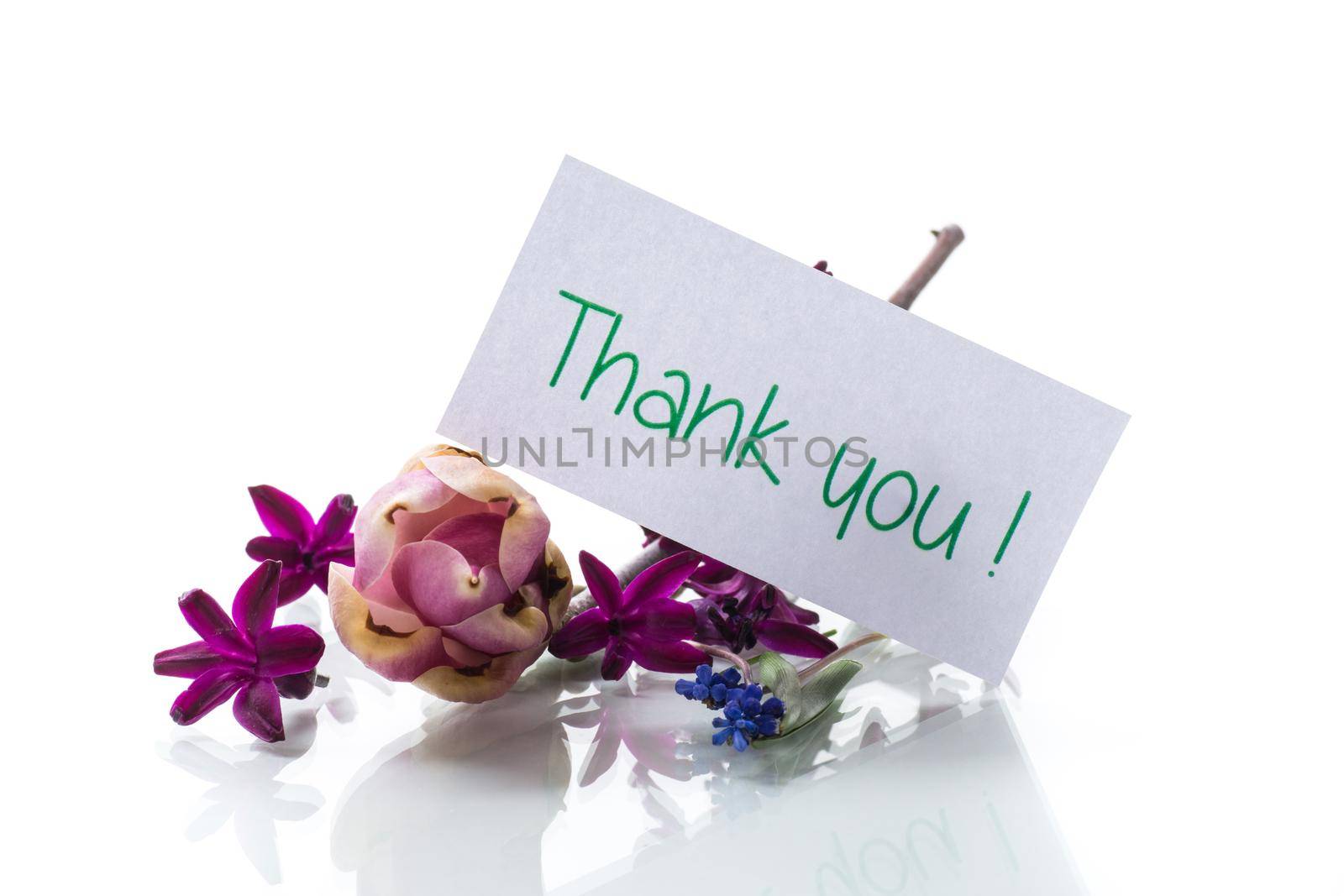 beautiful bouquet of spring flowers with congratulations for mother on white background