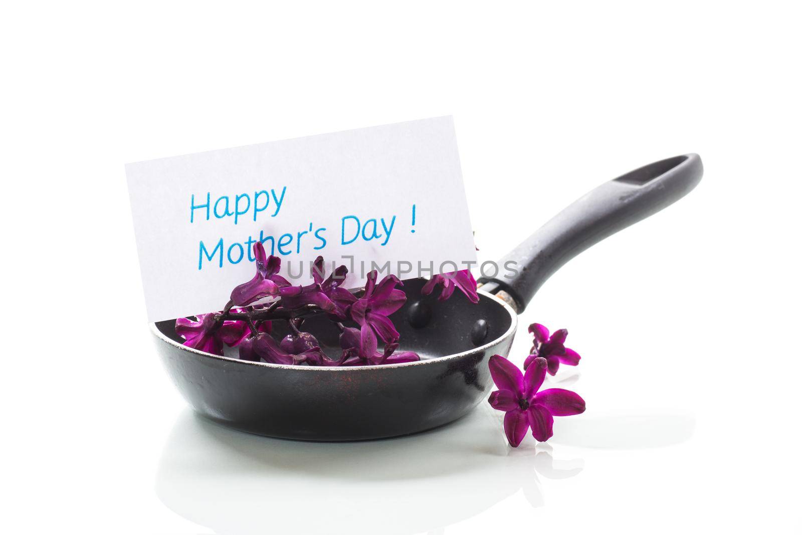 beautiful bouquet of spring flowers with congratulations for mother on white background