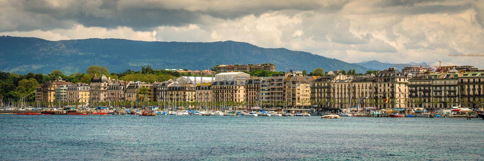 Geneve, Switzerland - 11 May 2014: panoramic view of the modern embankment and the center of Geneva, Switzerland