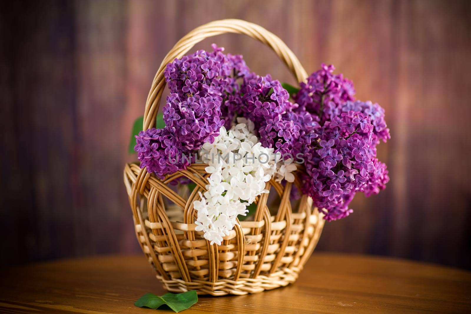 bouquet of beautiful blooming lilacs in a basket on a wooden table