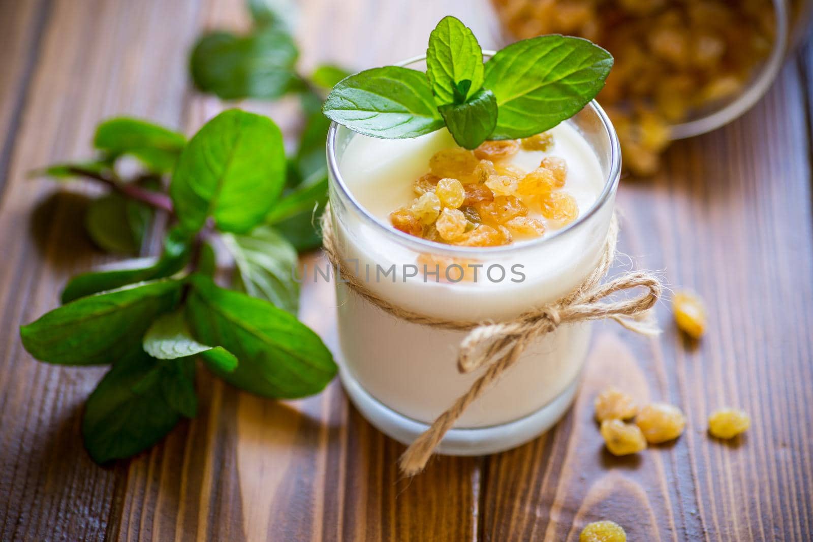 sweet homemade yogurt with raisins in a glass by Rawlik