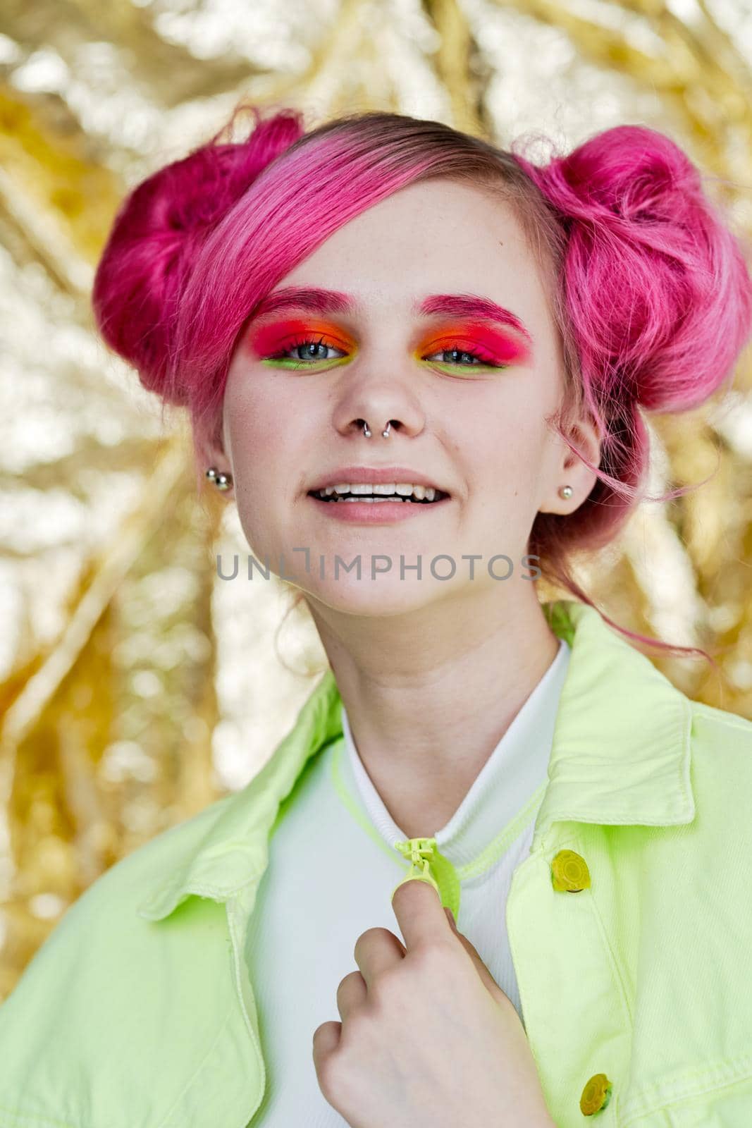 pretty woman with pink hair in glamor full length dress. High quality photo