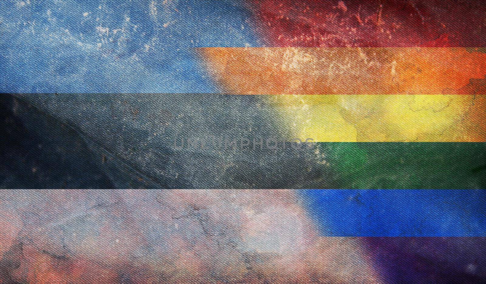 Top view of national lgbt retro flag of Estonia with grunge texture, no flagpole. Plane design, layout. Flag background. Freedom and love concept, Pride month. activism, community and freedom