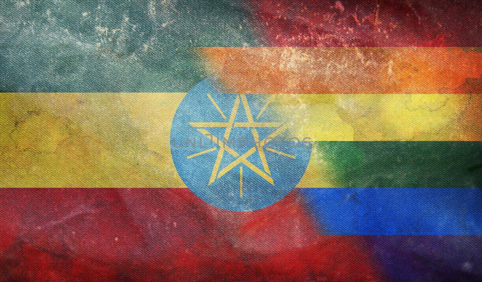 Top view of national lgbt retro flag of Ethiopia with grunge texture, no flagpole. Plane design, layout. Flag background. Freedom and love concept, Pride month. activism, community and freedom