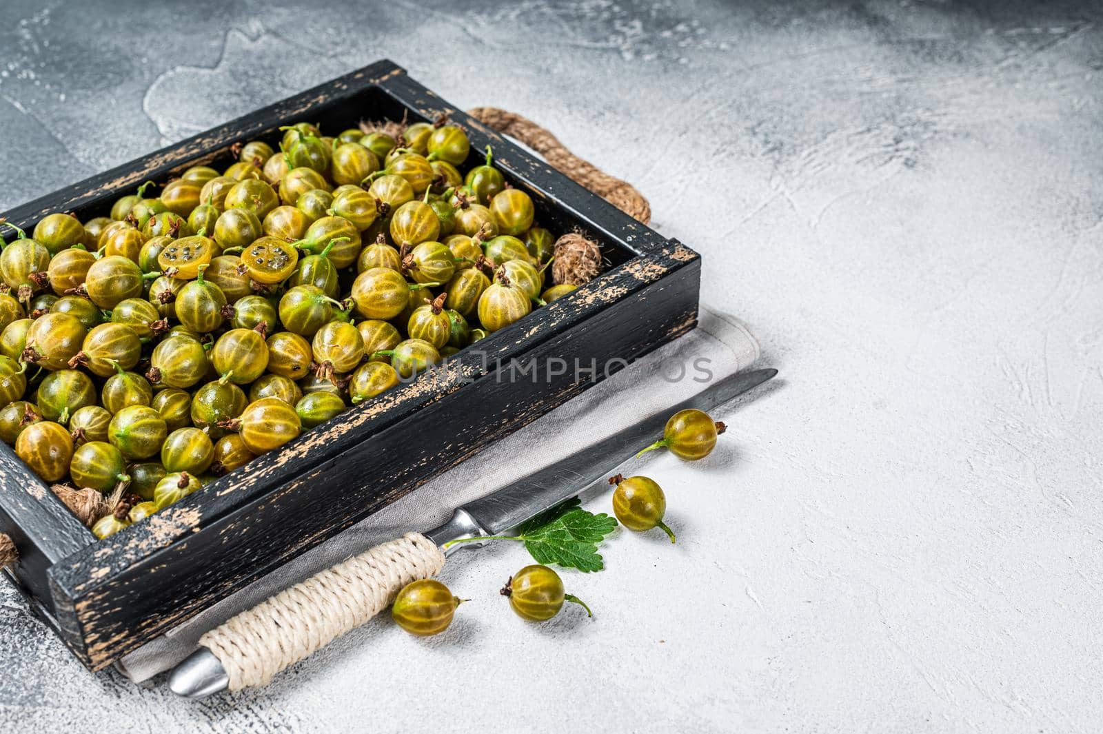 Fresh green gooseberries, Growing Organic Berries. White background. Top view. Copy space.