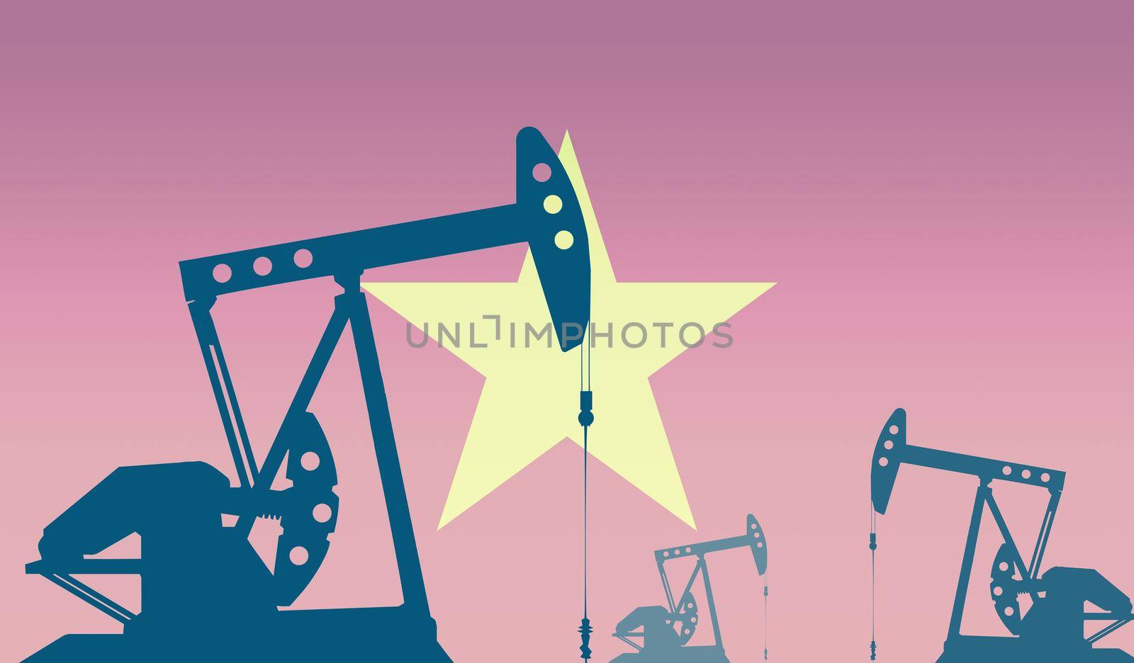 silhouette of the oil pump against flag of Vietnam. Extraction grade crude oil and gas. concept of oil fields and oil companies, hydrocarbon market, industry