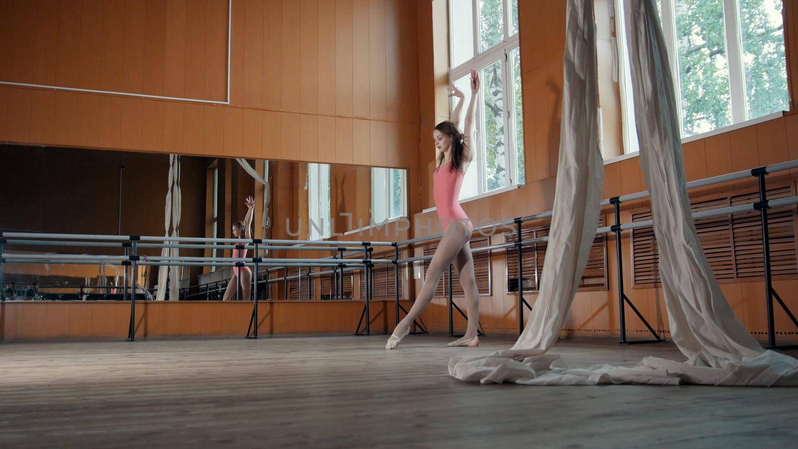 Beautiful flexible girl warming up at the ballet bar, circus artist