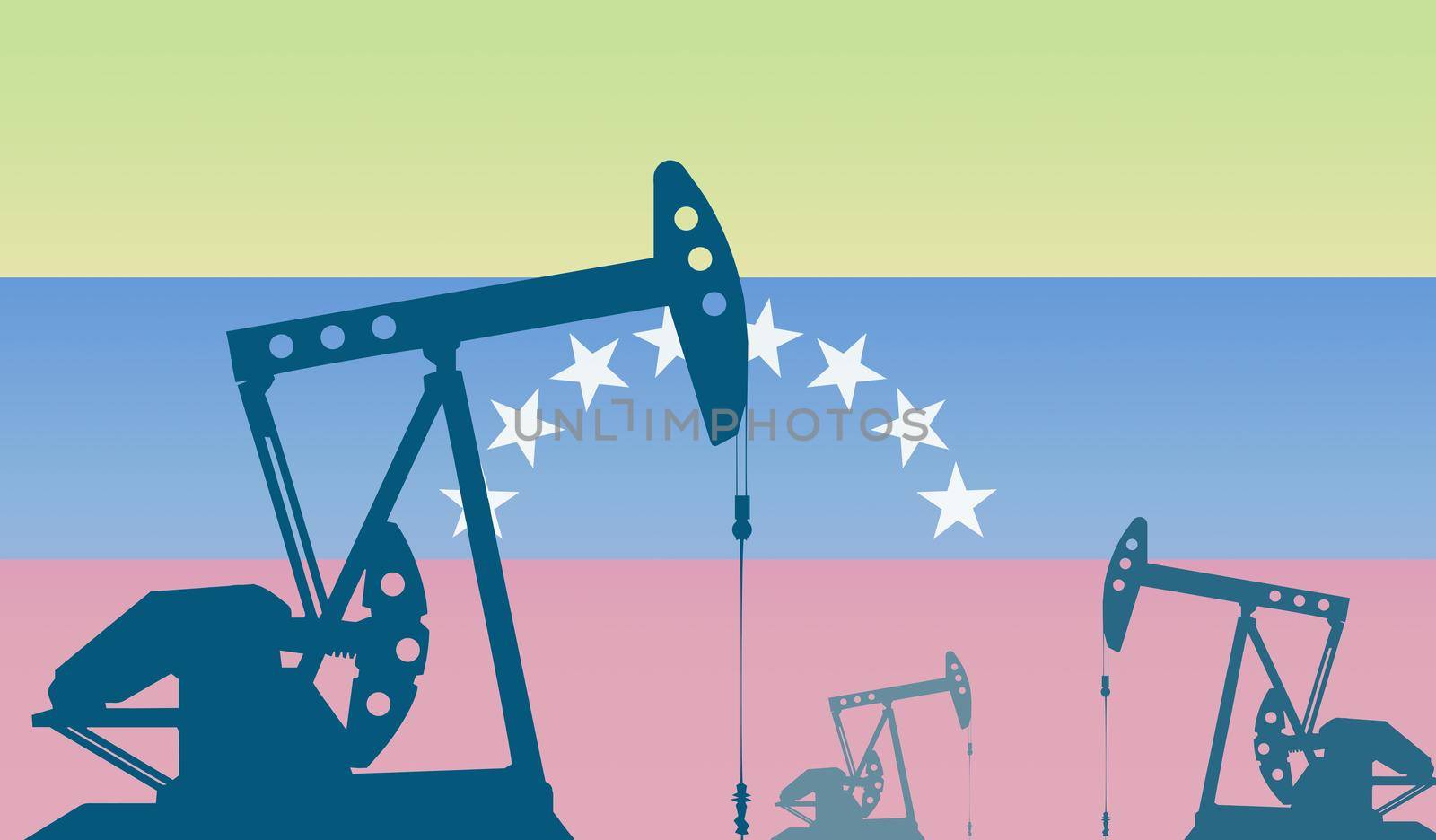 silhouette of the oil pump against flag of Venezuela. Extraction grade crude oil and gas. concept of oil fields and oil companies, hydrocarbon market, industry