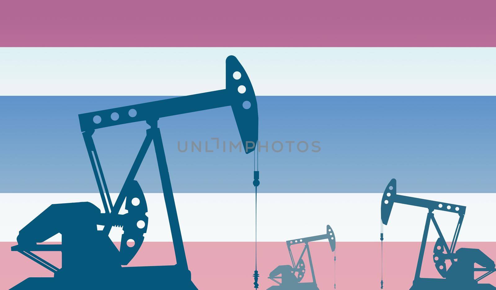 silhouette of the oil pump against flag of Thailand. Extraction grade crude oil and gas. concept of oil fields and oil companies, hydrocarbon market, industry