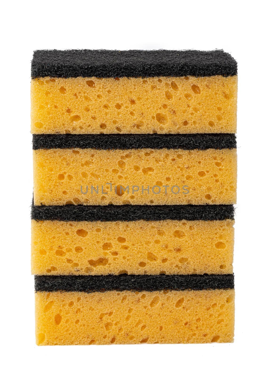 Stack of kitchen sponges isolated on white background, close up