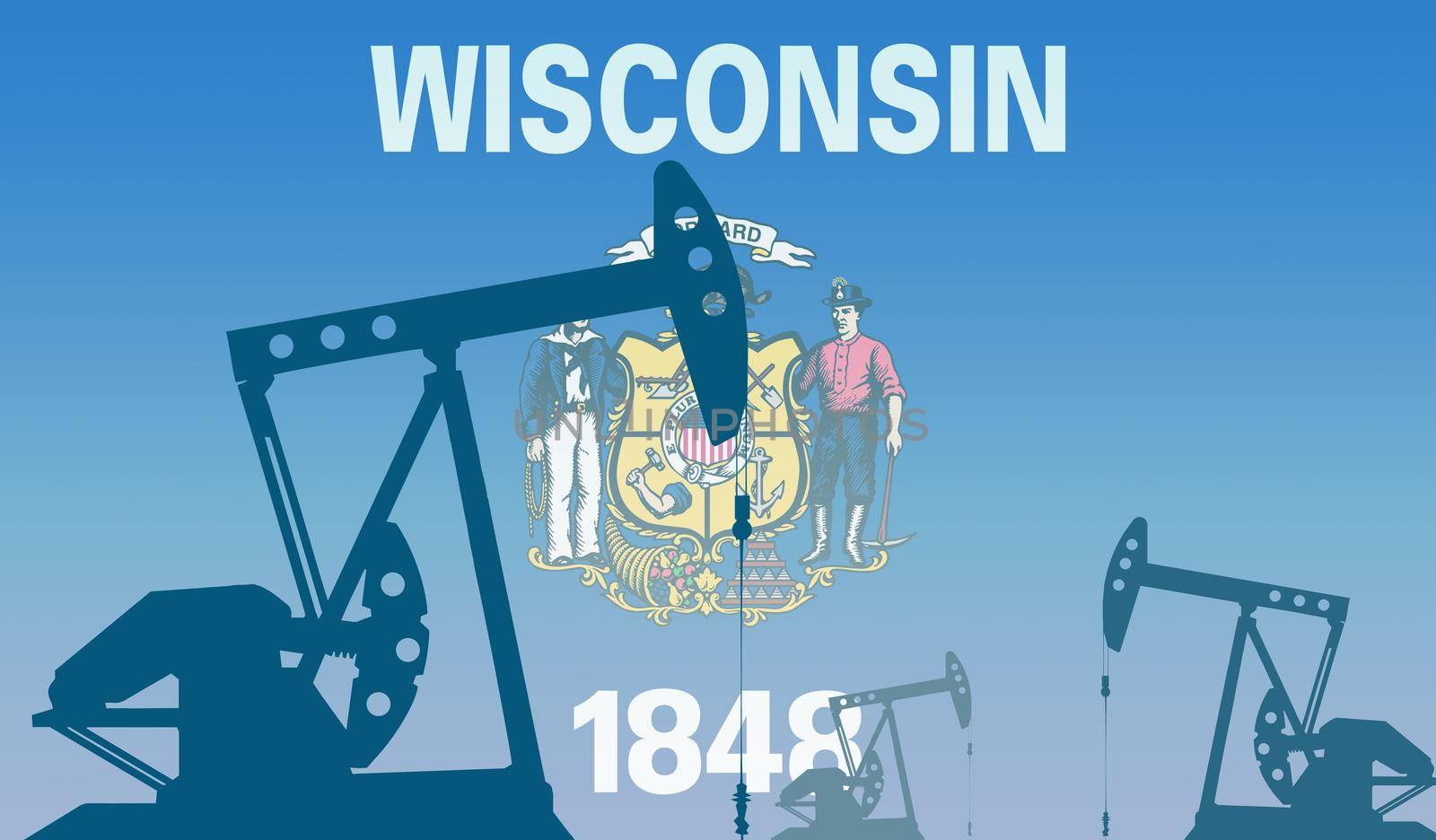 silhouette of oil pump against flag of Wisconsin state USA. Extraction grade crude oil and gas. concept of oil fields and oil companies, hydrocarbon market, industry