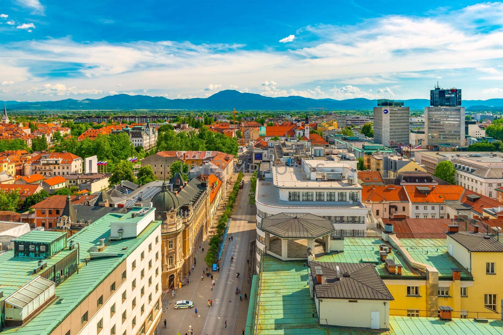 Ljubljana - June 2020, Slovenia: Aerial panorama of the main street of Ljubjana