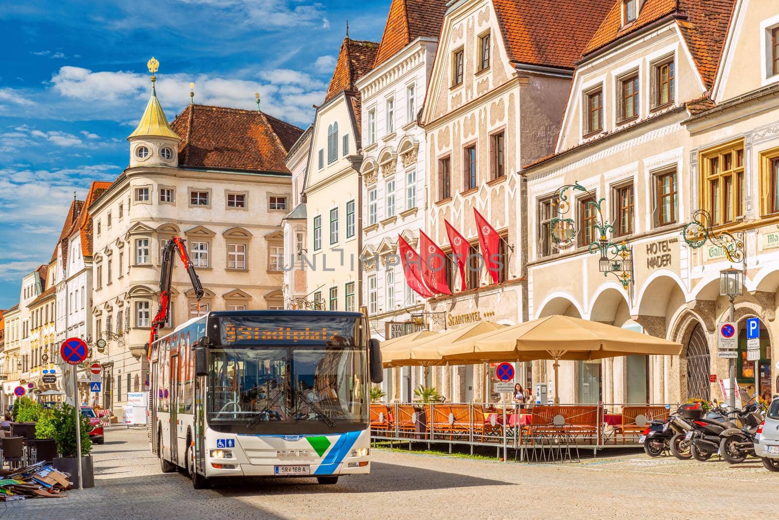 Steyr - June 2020, Austria: A modern bus is driving in the city center of Steyr