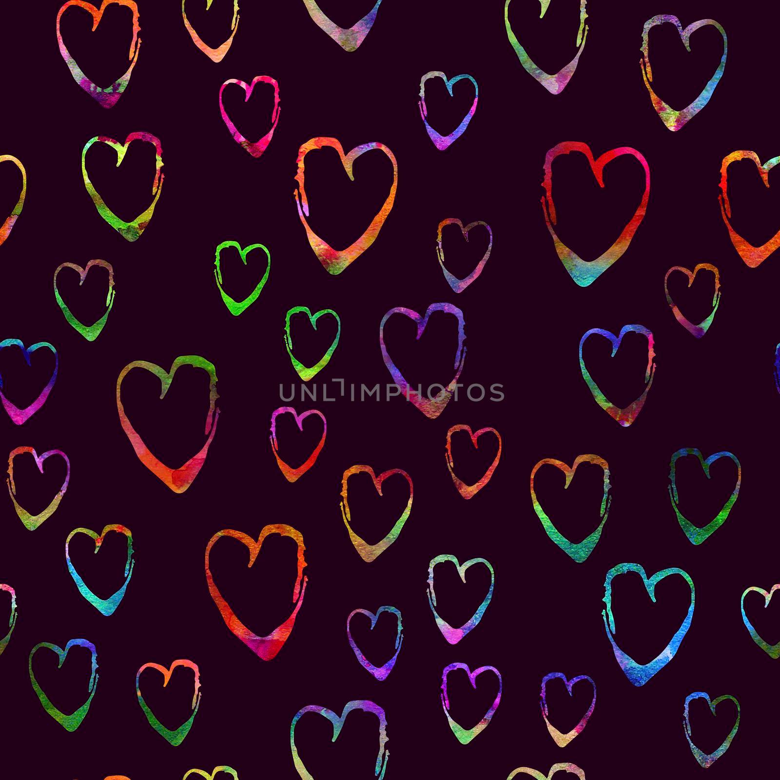 Watercolor Brush Heart Seamless Pattern Love Grange Hand Painted Design in Rainbow Color. Modern Grung Collage Background for kids fabric and textile.