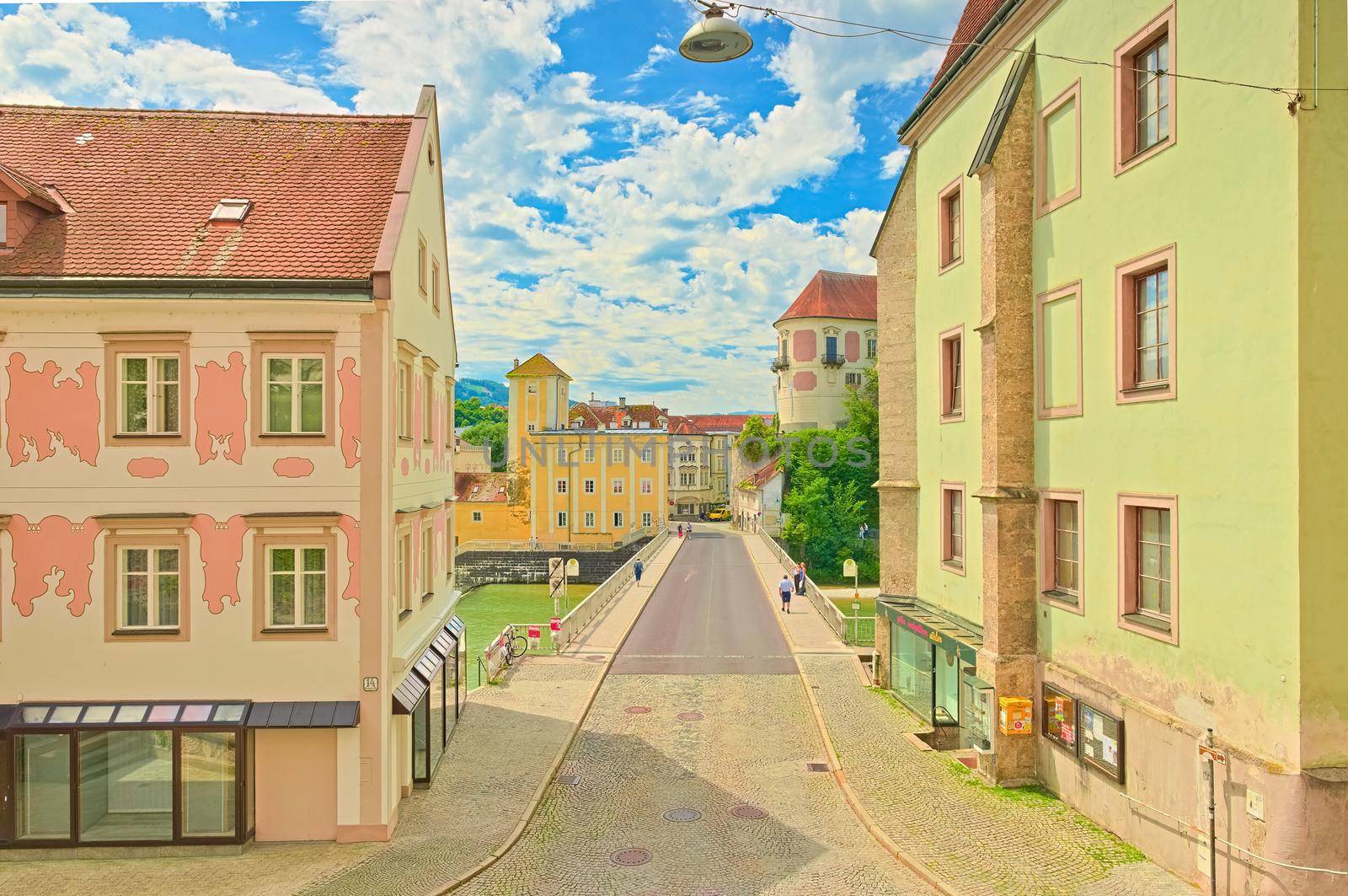 Steyr - July 2020, Austria: View of the Steyr Bridge (Zwischenbrücken) from the St. Michael's Church