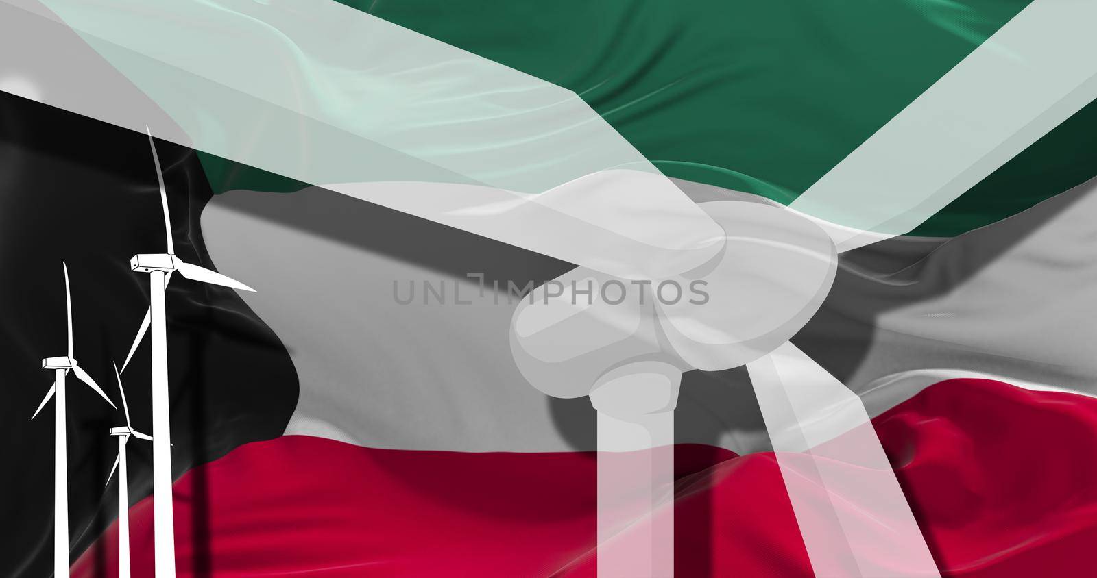 Wind turbines on background of Kuwait flag. sustainable development, renewable energy, national alternative energy environment concept. 3d illustration.