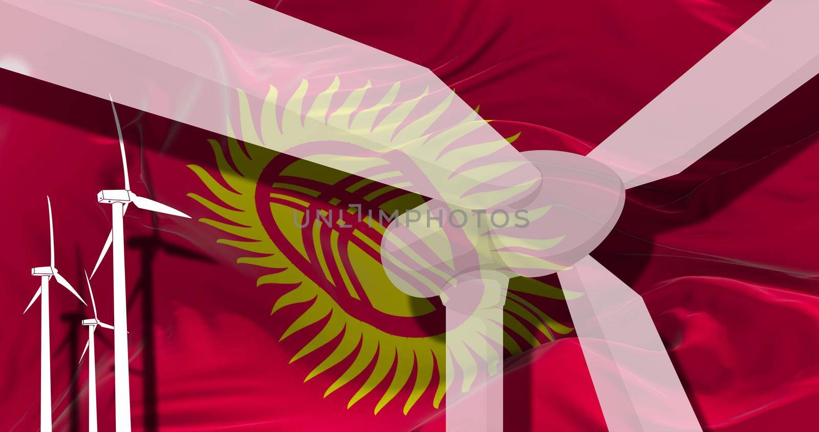 Wind turbines on background of Kyrgyzstan flag. sustainable development, renewable energy, national alternative energy environment concept. 3d illustration.