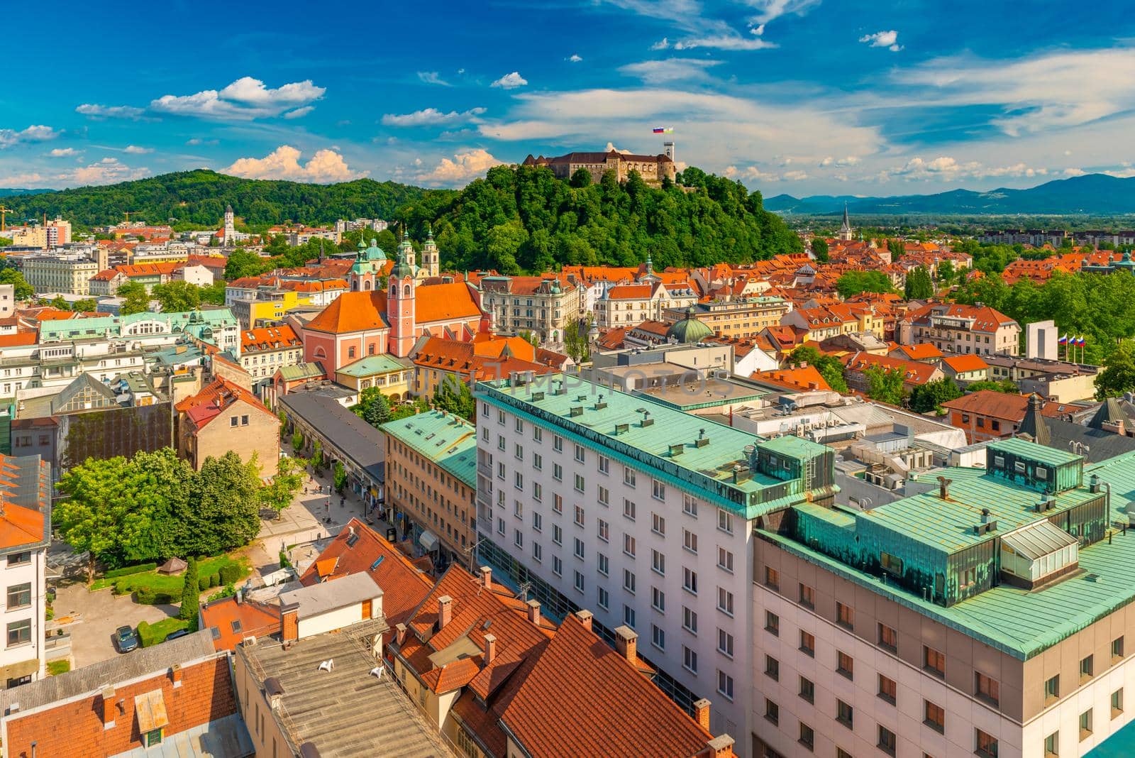 Beautiful panorama of the city of Ljubljana on a summer evening, Slovenia