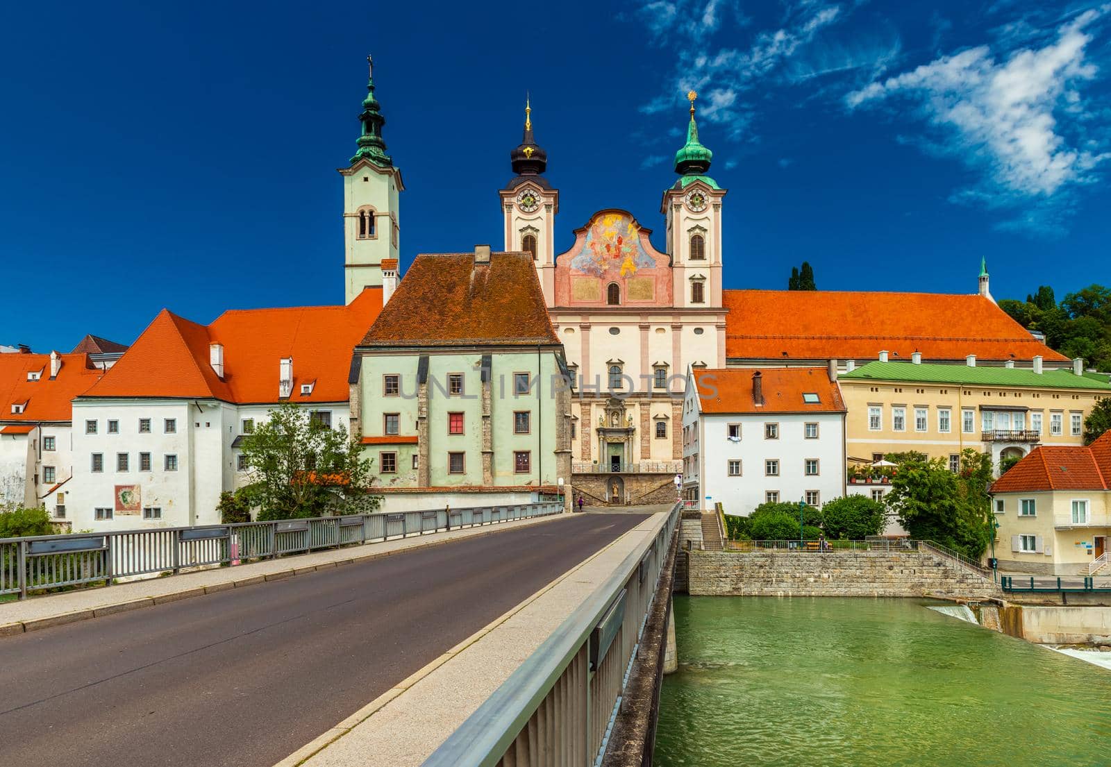 View of the St. Michael's Church and the Zwischenbrucken bridge in the city of Steyr, Austria