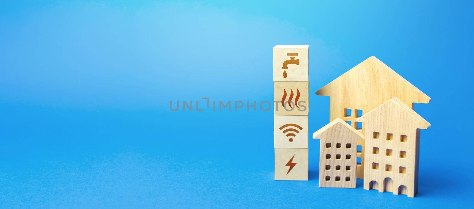 Residential buildings and blocks with communal services symbols. Utilities public service. Price, payment methods, subsidies registration. Savings, reduced environmental impact. Energy saving by iLixe48