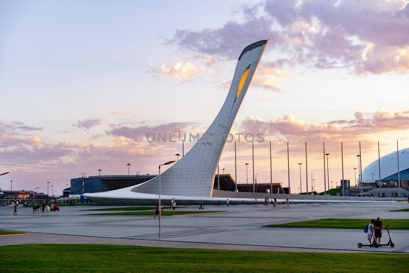 Sochi, Olympic park facilities buildings at sunset light in summer