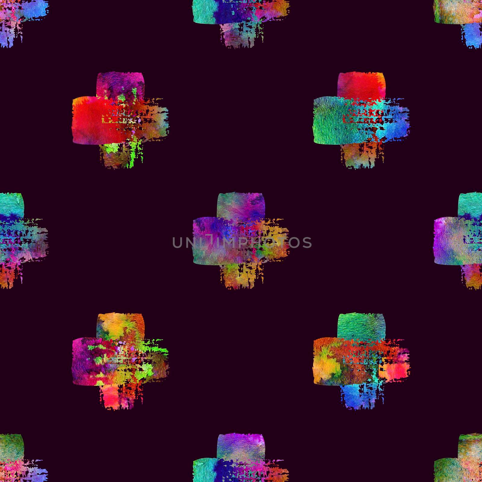 Watercolor Brush Cross Seamless Pattern Grange Geometric Design in Rainbow Color. Modern Grung Collage Background by DesignAB