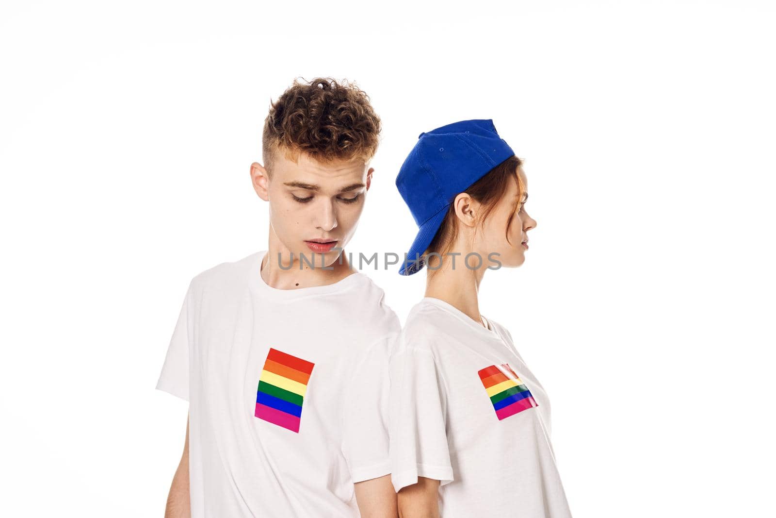 young couple lgbt Flag transgender lifestyle light background. High quality photo