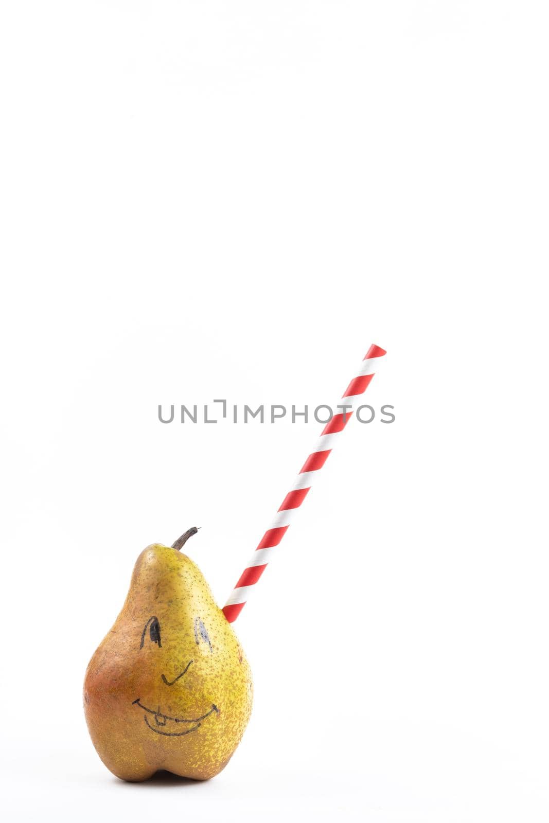 A large pear with a drinking tube sticking out of it on a white background by Lobachad