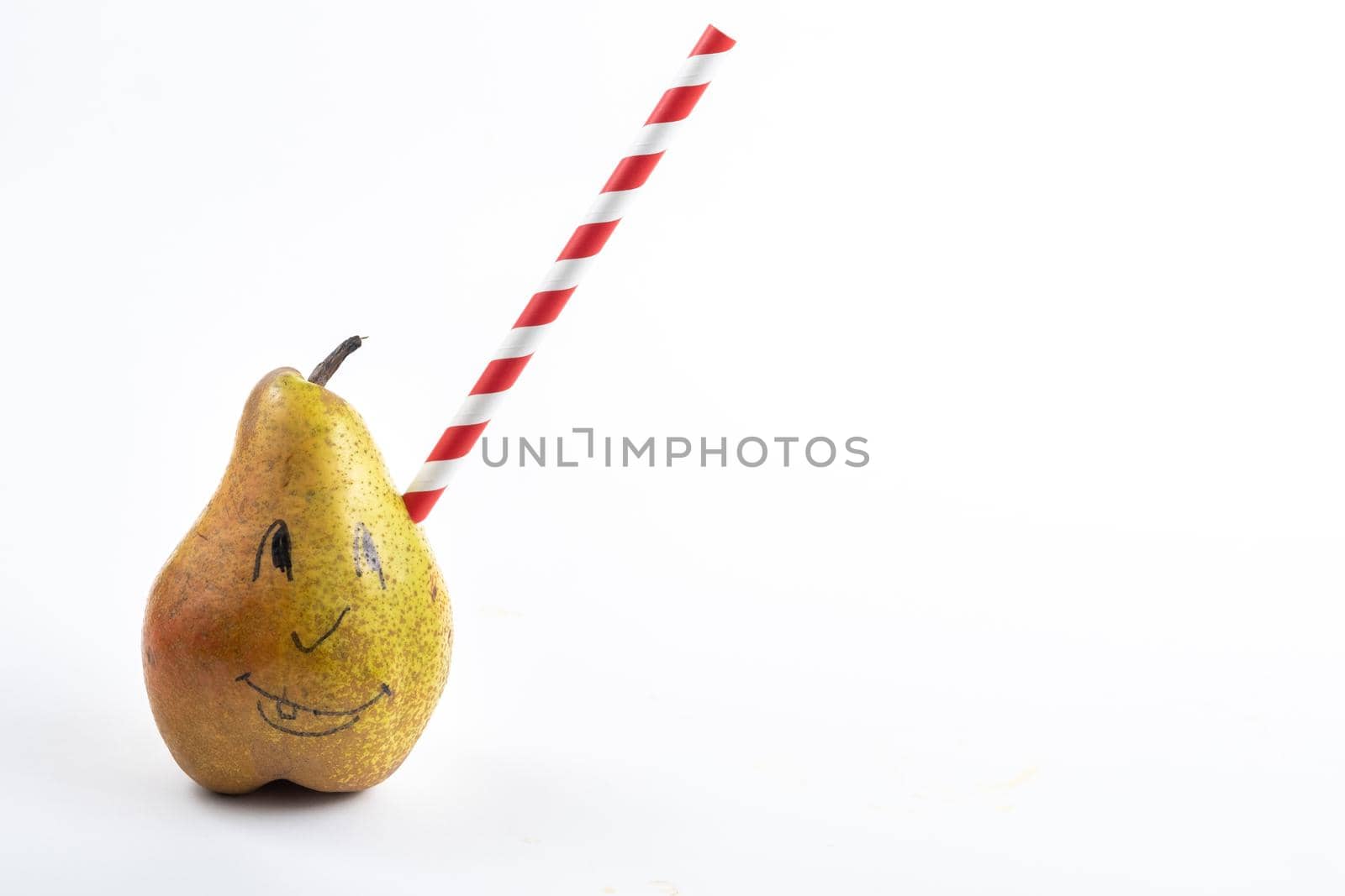 A large pear with a drinking tube sticking out of it on a white background by Lobachad