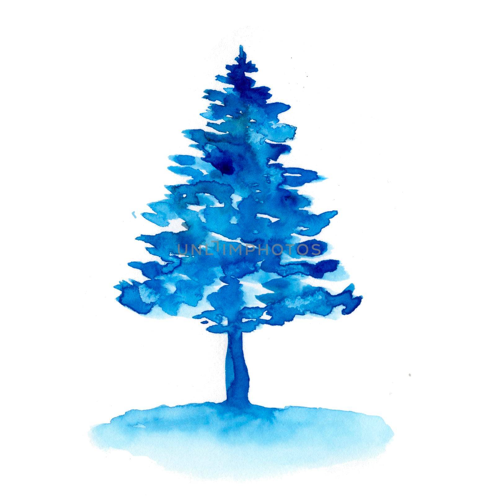 Watercolor winter blue christmas spruce tree isolated on white background. Hand painting Illustration for print, texture, wallpaper or element. Beautiful watercolour art. Minimal style by DesignAB