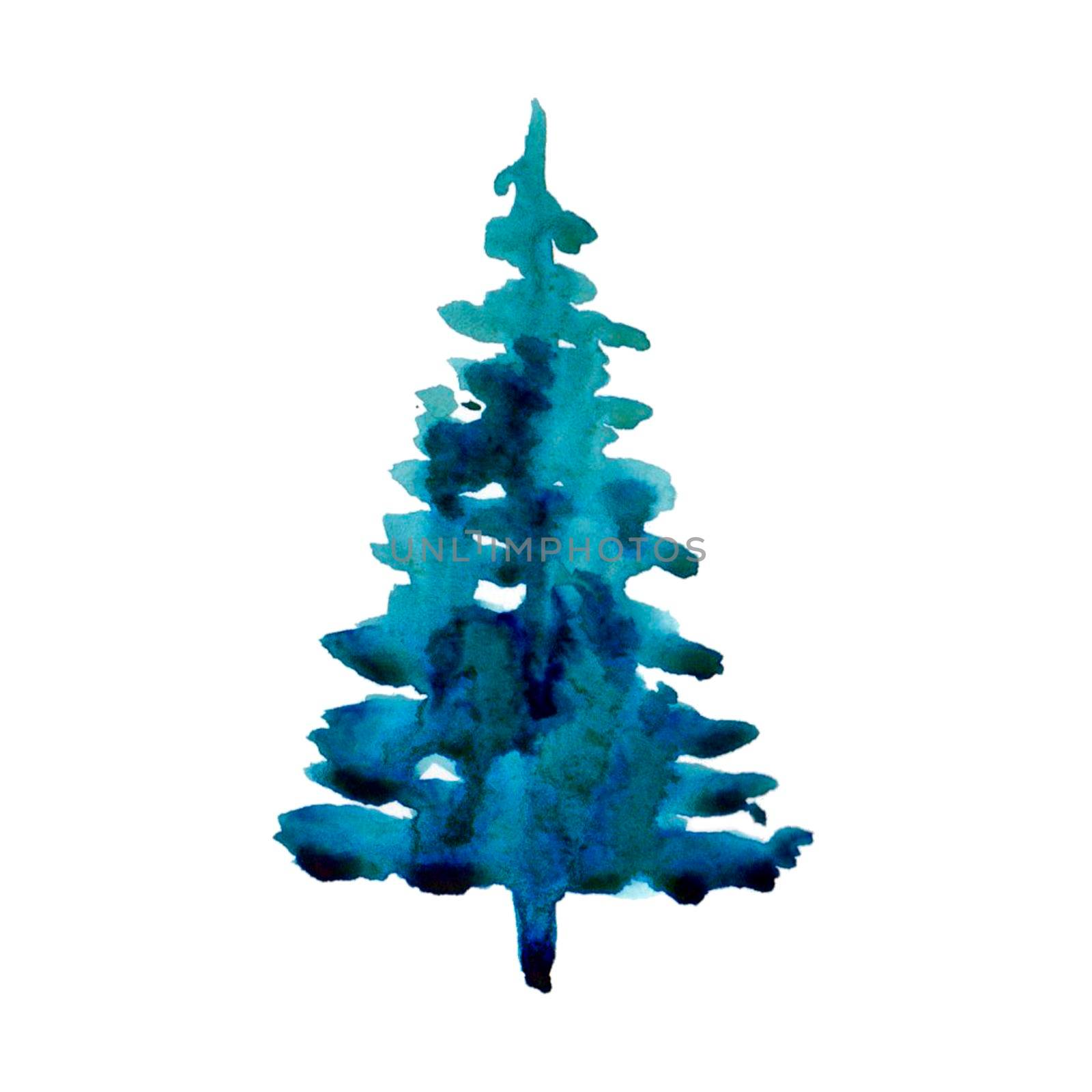 Watercolor winter christmas tree isolated on white background. Hand painting Illustration element for print, texture, wallpaper or greeting card. Blue and green color. Beautiful watercolour art