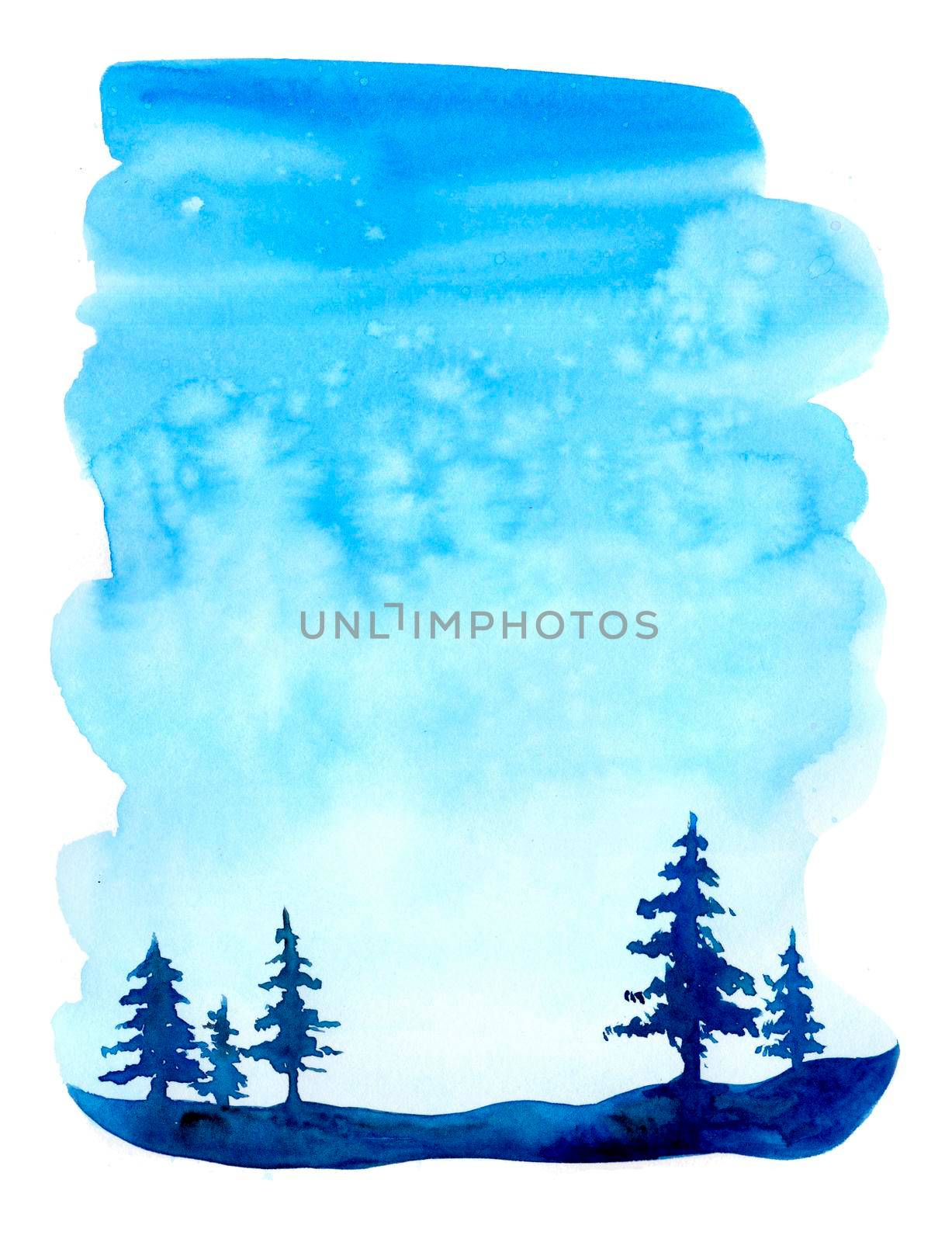 Watercolor christmas winter landscape with snow and trees. Treescape with pine and fir. Illustration landscape for print, texture, wallpaper, greeting card. Blue color. Beautiful nature watercolour by DesignAB