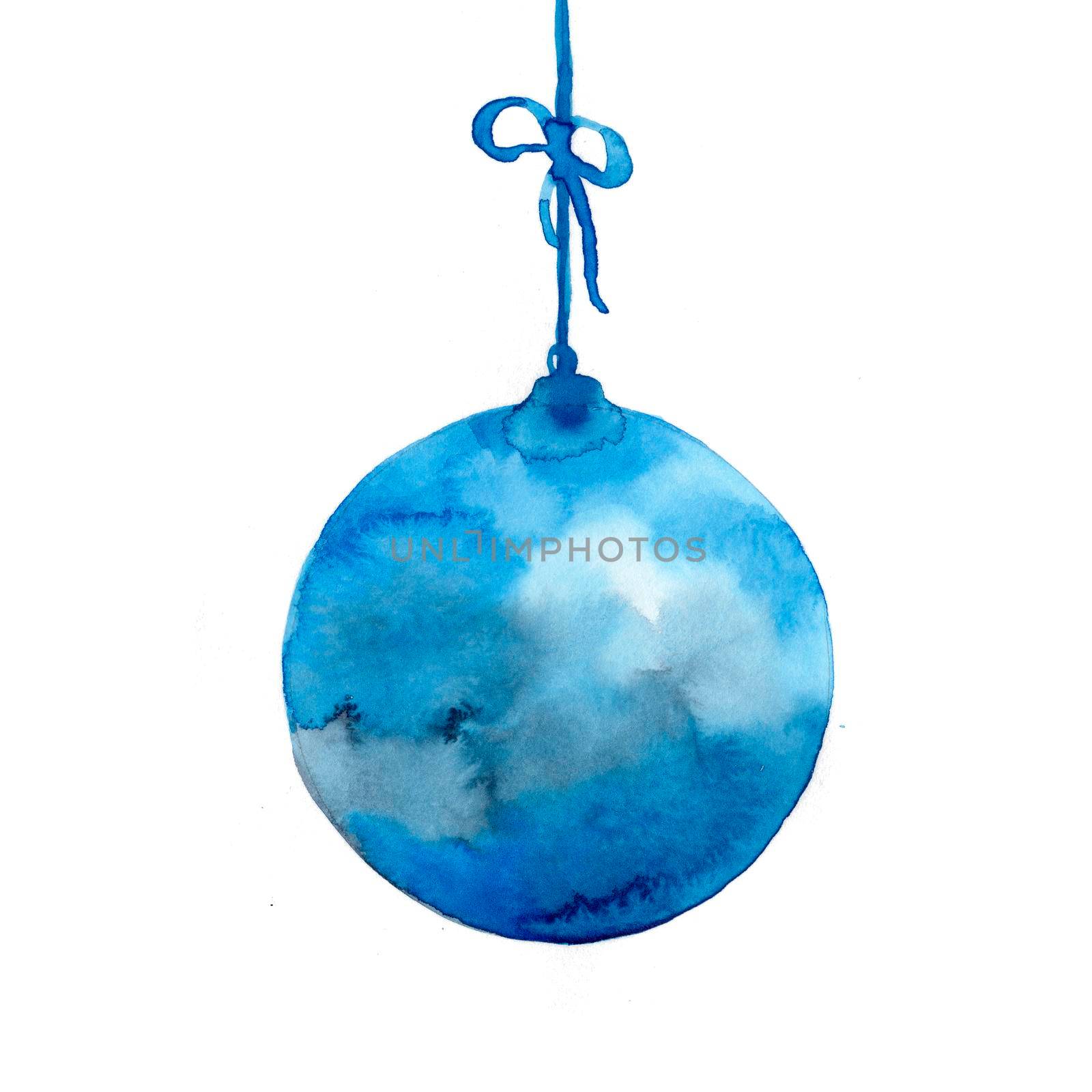 Watercolor abstract christmas ball in blue color. Decoration element for pine tree, greeting card, winter background. New Year holiday circle toy. Art hand painted isolated on white.