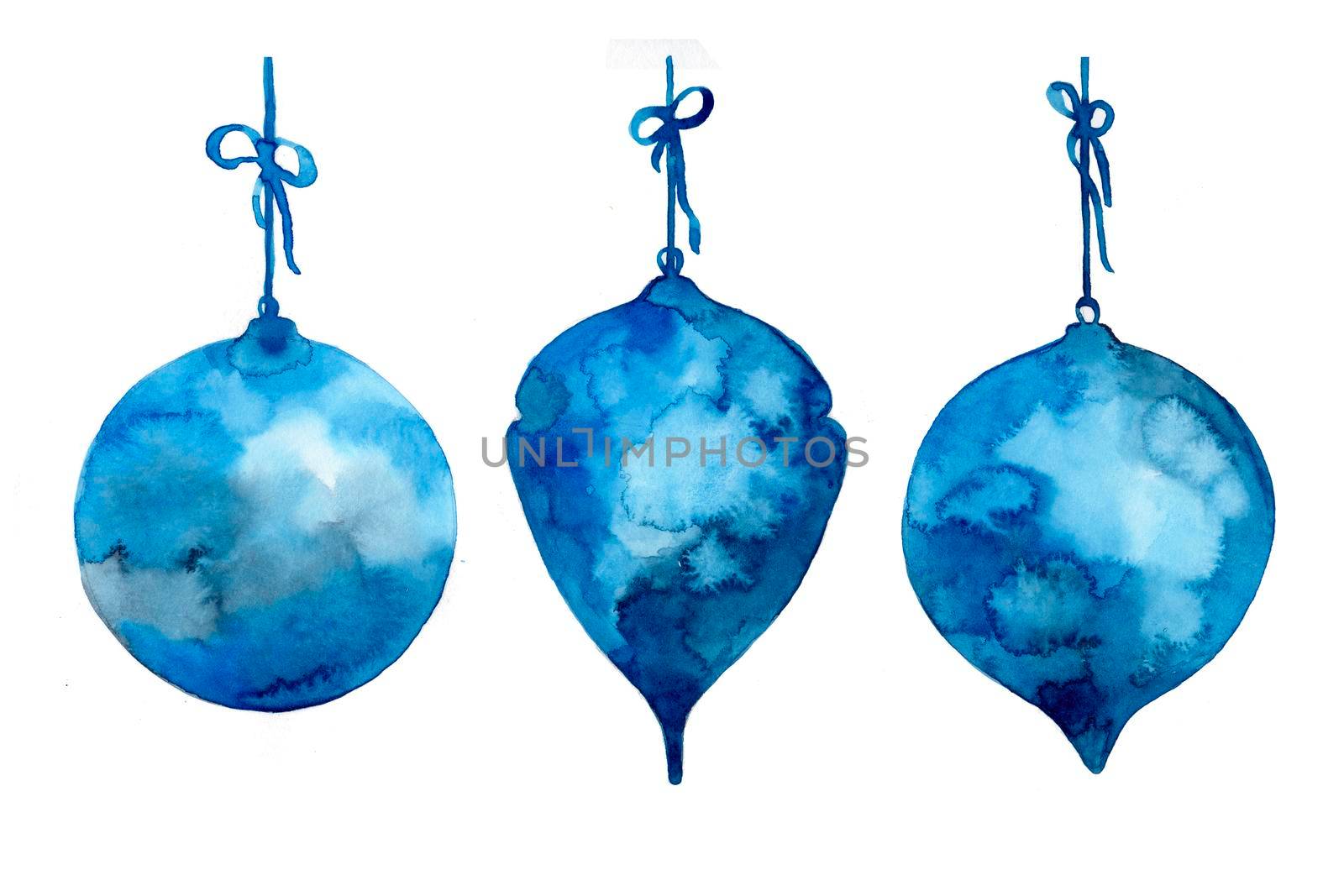 Set of watercolor abstract christmas ball in blue color. Decoration element for pine tree, greeting card, winter background. New Year holiday circle toy. Art hand painted pattern isolated on white.