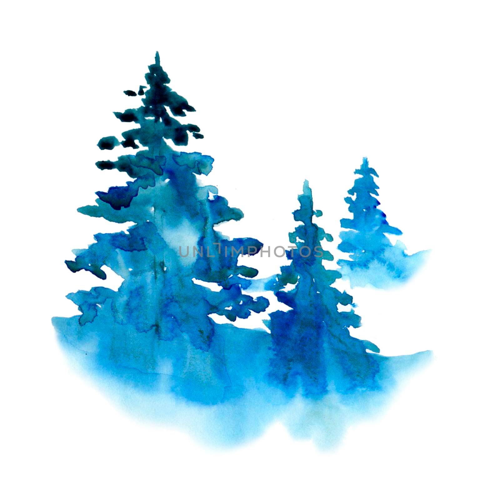 Watercolor winter snow forest isolated on white background. Treescape with pine and fir Illustration landscape for print, texture, wallpaper, greeting card. Blue and green color Beautiful watercolour.