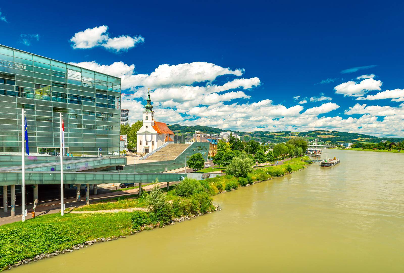 Linz - June 2020, Austria: View of the Danube river in Linz
