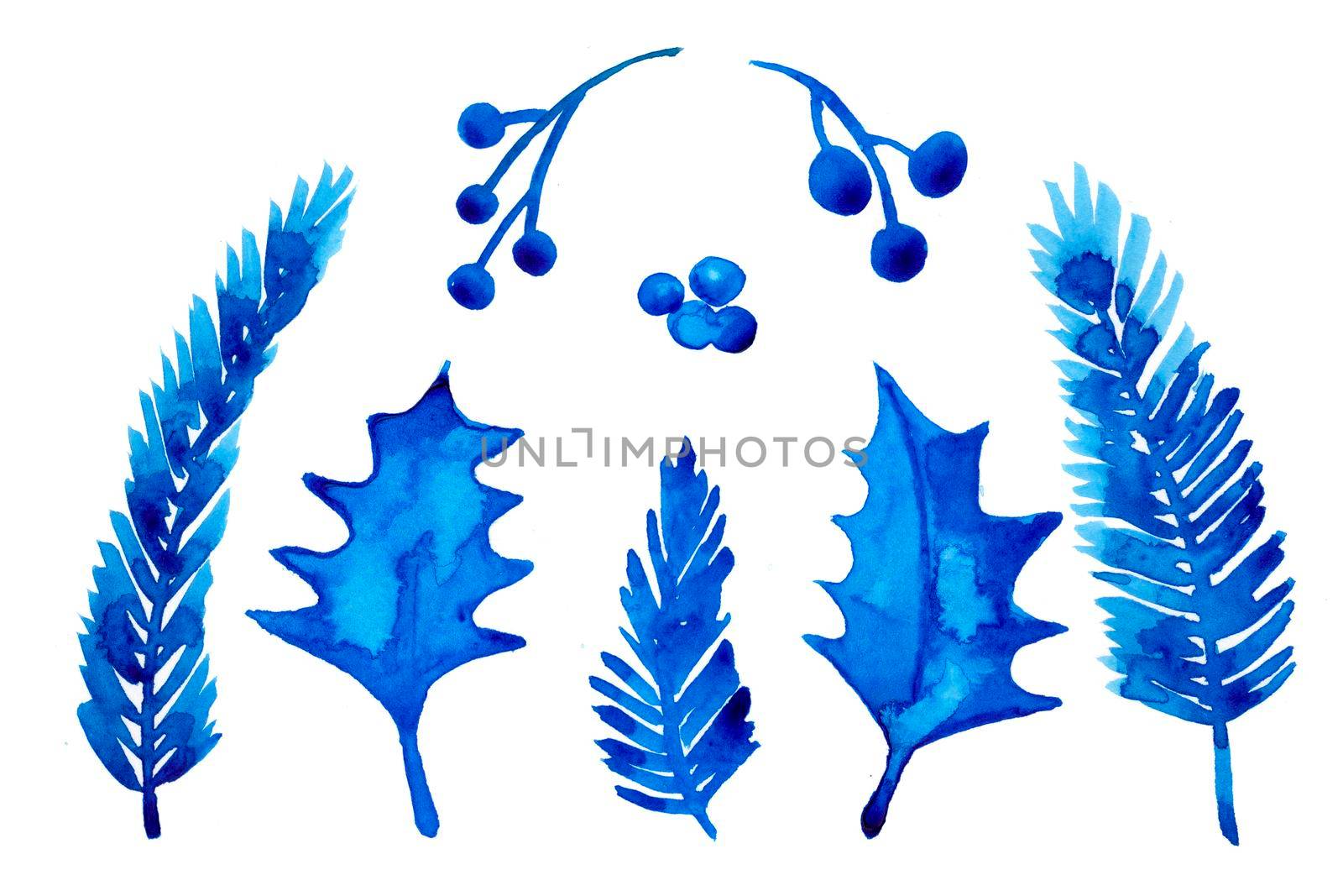 Watercolor winter christmas branch of tree and berry isolated on white background. Hand painting Illustration brances spruce for print, texture, wallpaper or greeting card. Blue color. watercolour art.