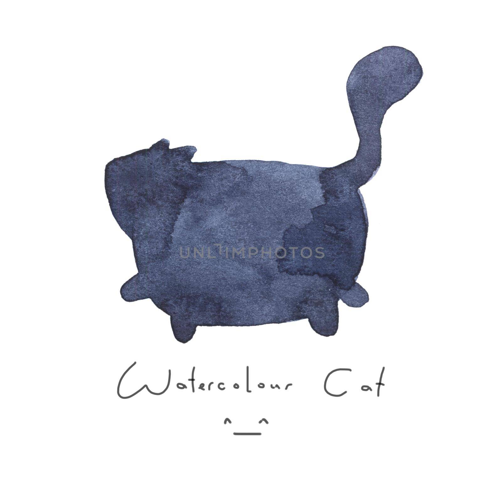 Watercolour gray black blue cat isolated on white background. Cute simple animal hand drawn. Illustration style. Sign or symbol of a kitten. Paint element. Watercolor happy pet. Kids image. by DesignAB