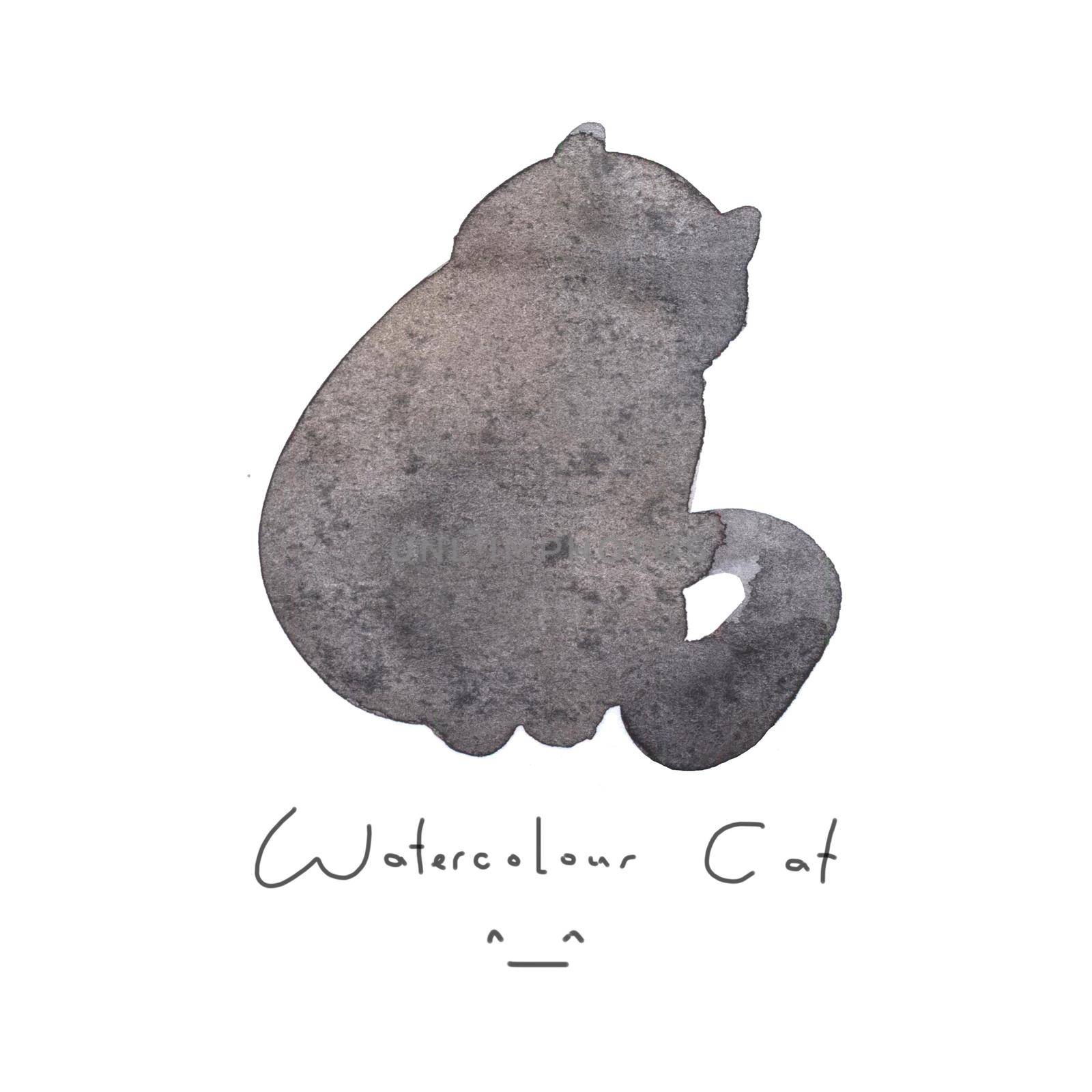 Watercolour gray black cat isolated on white background. Cute simple animal hand drawn. Illustration style. Sign or symbol of a kitten. Paint element. Watercolor happy pet. Kids image