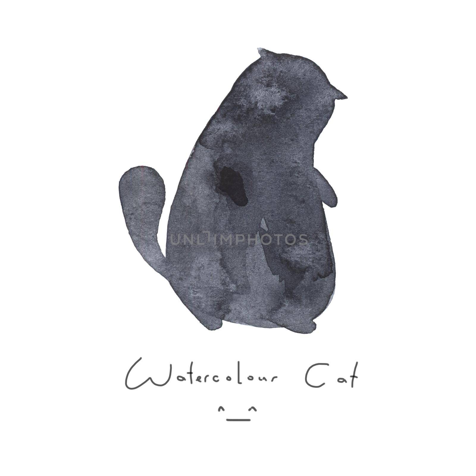 Watercolour gray black cat isolated on white background. Cute simple animal hand drawn. Illustration style. Sign or symbol of a kitten. Paint element. Watercolor happy pet. Kids image. by DesignAB