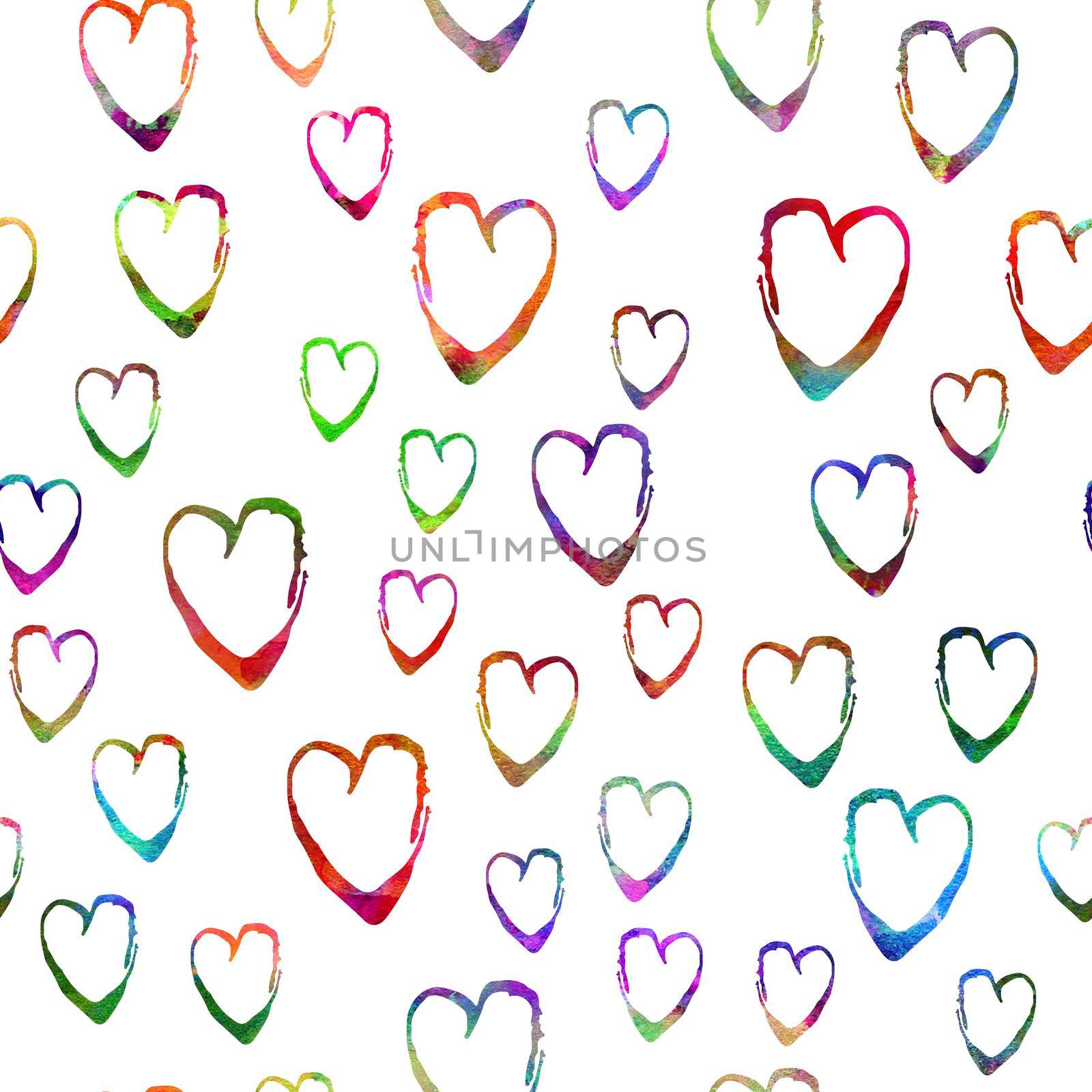 Watercolor Brush Heart Seamless Pattern Love Grange Hand Painted Design in Rainbow Color. Modern Grung Collage Background for kids fabric and textile by DesignAB