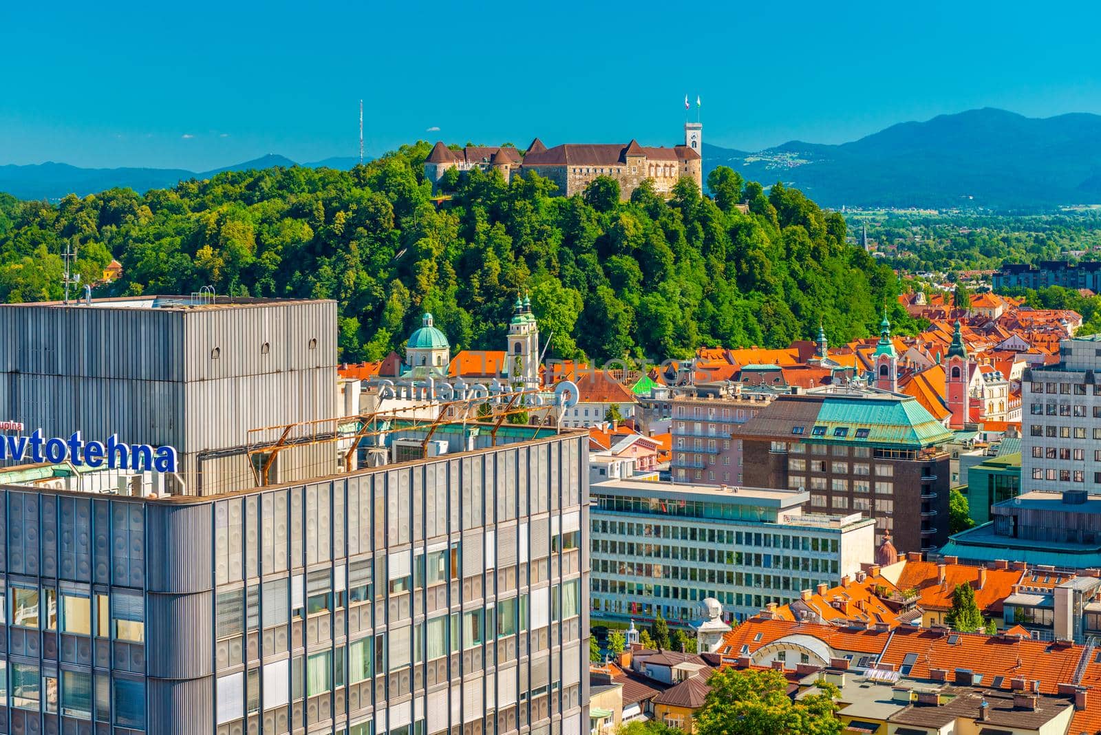 Ljubljana - July 2020, Slovenia: Aerial view of the central part of Ljubljana and the Ljubljana Castle