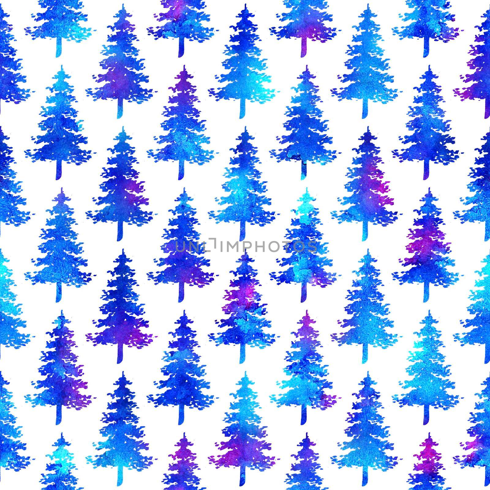 XMAS watercolour Fir Tree Seamless Pattern in Blue Color on white background. Hand-Painted Watercolor Spruce Pine tree wallpaper for Ornament, Wrapping or Christmas Decoration by DesignAB