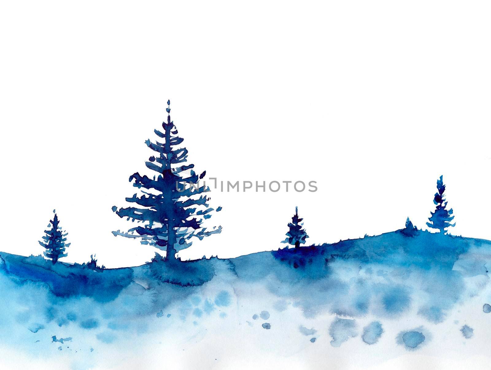 Watercolor winter design forest and blue Christmas snow background. Hand painting Illustration for print, texture, wallpaper or element. Beautiful watercolour wood isolated on white For cards.