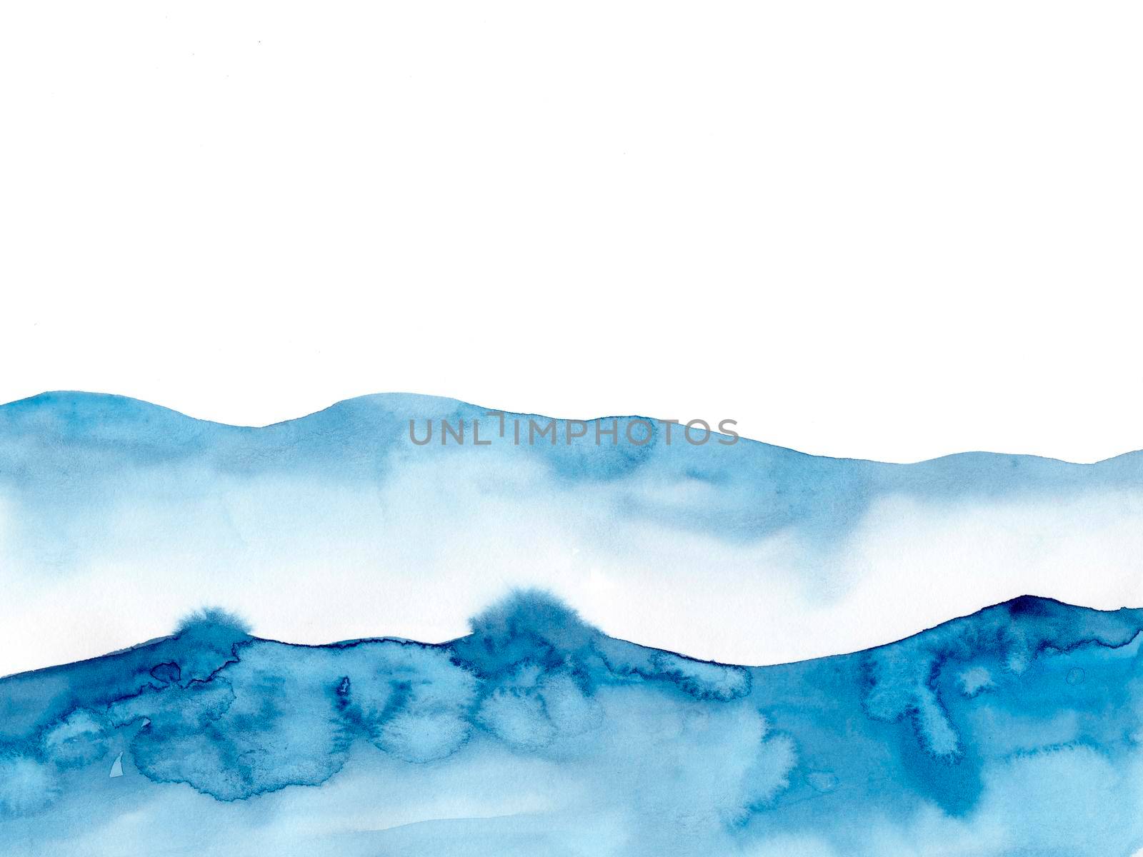 Watercolor blue winter snowing background, Look like wave and sea. Original painting on watercolour paper. Illustration for decoration element. Backdrop with ocean water. Minimalism, monochromatic