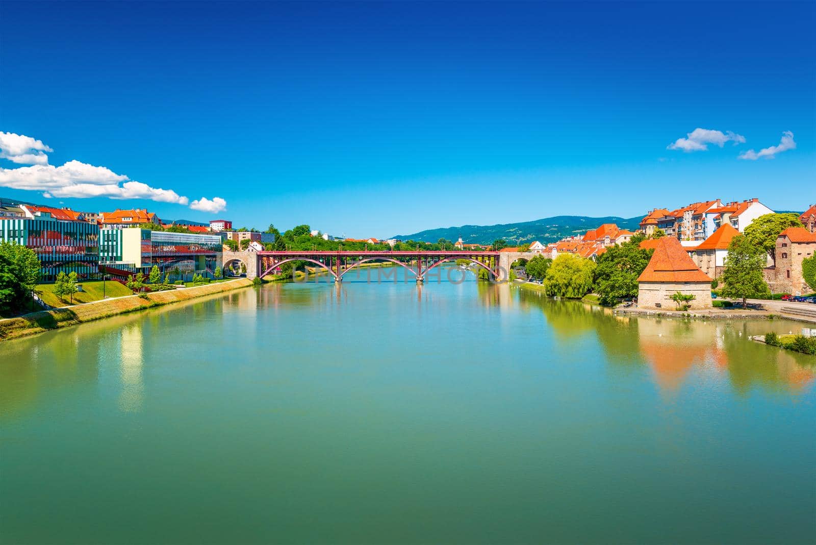 View of the river Drava and the Old Bridge in Maribor, the second largest city in Slovenia