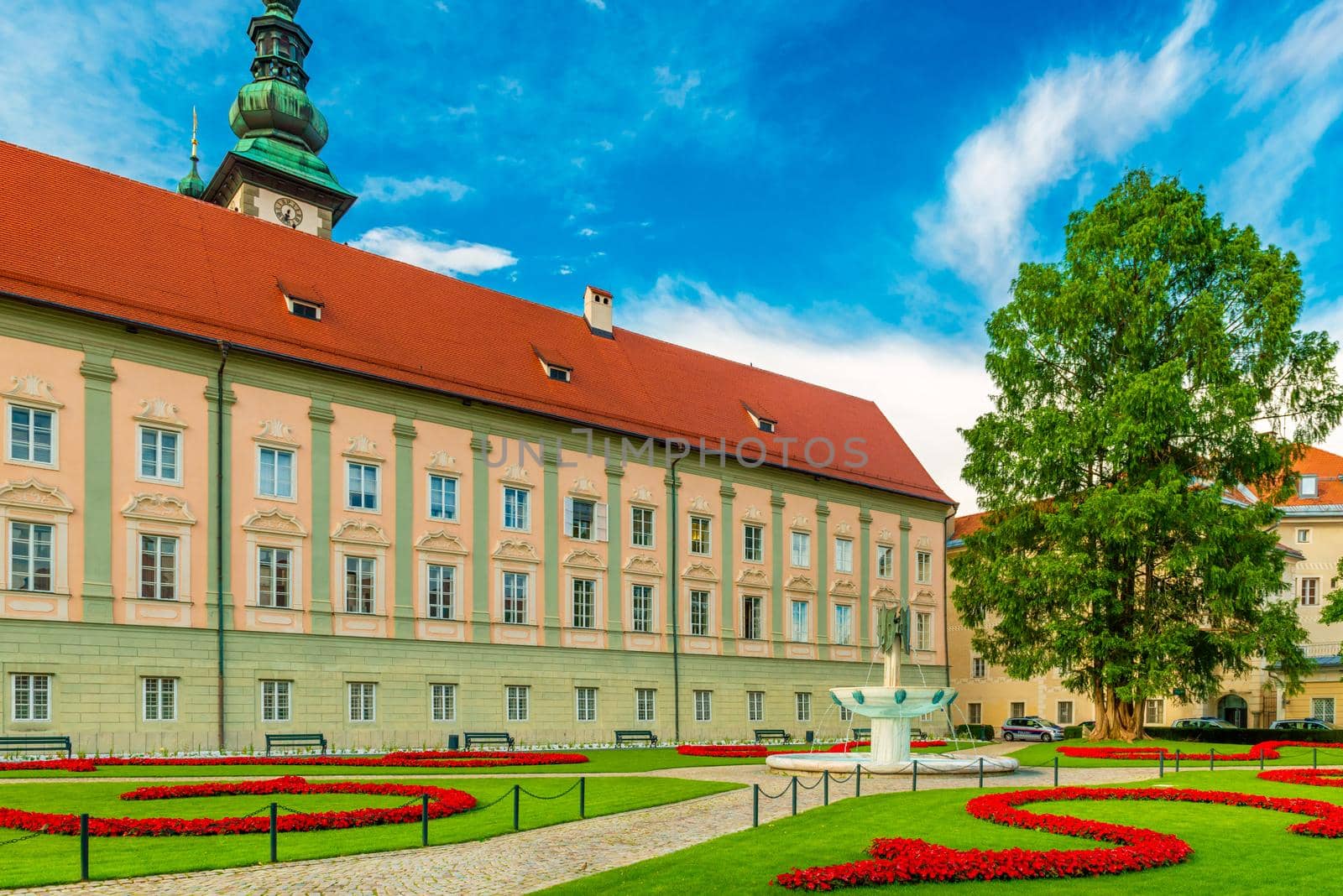Klagenfurt - June 2020, Austria: View of the Landhaus (Country House) building and park in the Austrian city of Klagenfurt