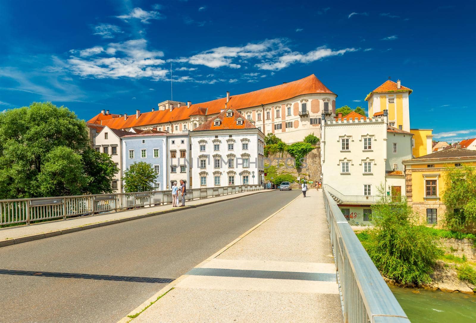 Steyr - June 2020, Austria: View of the main street of Steyr and the Lamberg Castle on the hill